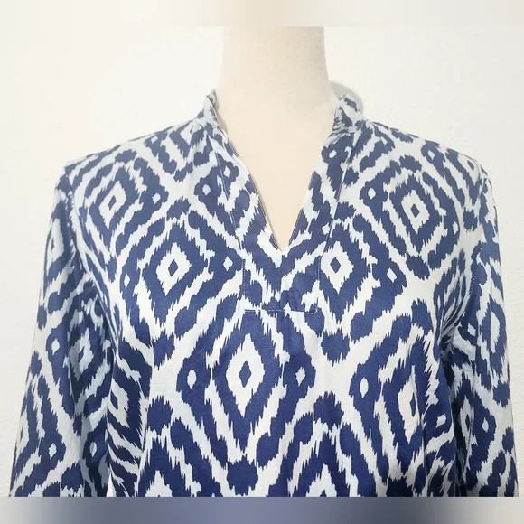 Woman's Brooks Brothers Blue Ikat Tunic Blouse 100% Cotton Size Small 3/4 Sleeve - Picture 3 of 12